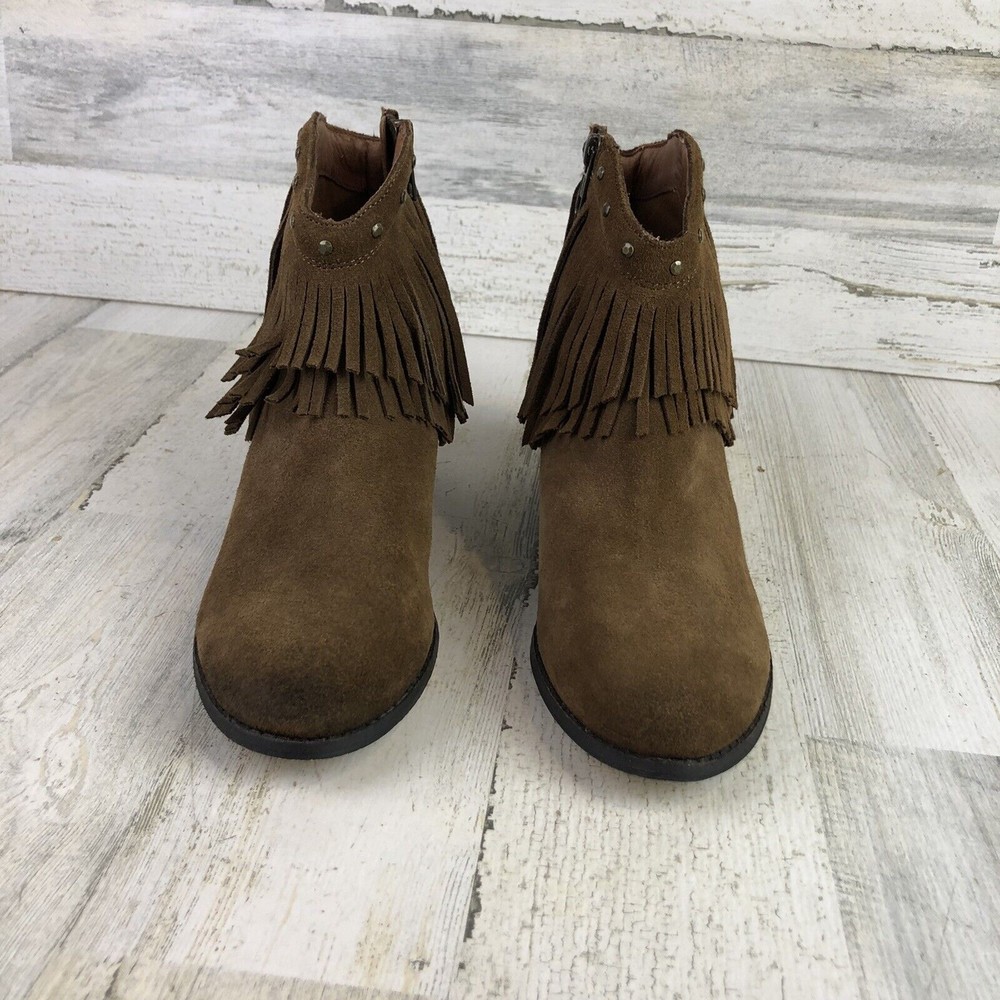 Minnetonka Bandera Brown Suede Ankle Boots Studded Fringe Zip 83013 Women’s Sz 8 - Picture 2 of 10